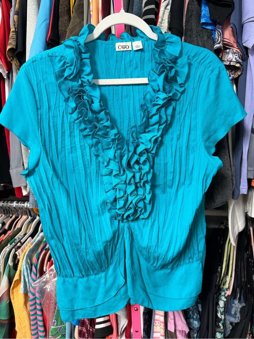 Cato women’s size large blouse solid teal blue ruffle V-neck cap short sleeves